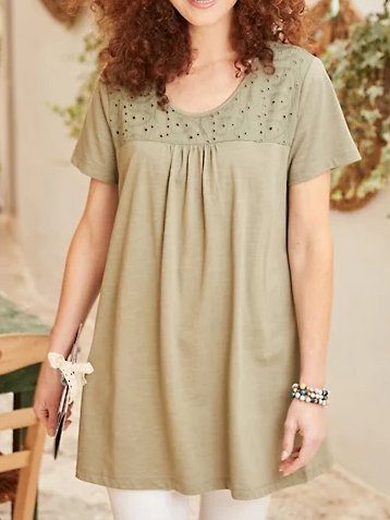 

Crew Neck Cotton Blends Solid Short Sleeve T-shirt, Green, Tunics