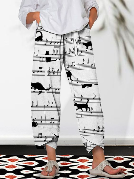 

Cat Print Striped Patchwork Elastic Waist Plus Size Pants, White, Pants