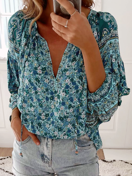 Plus size Boho Floral Long sleeve tops, Blue, Tops