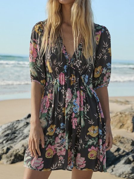 Buttoned Casual Floral V Neck Dresses, Black, Mini Dresses