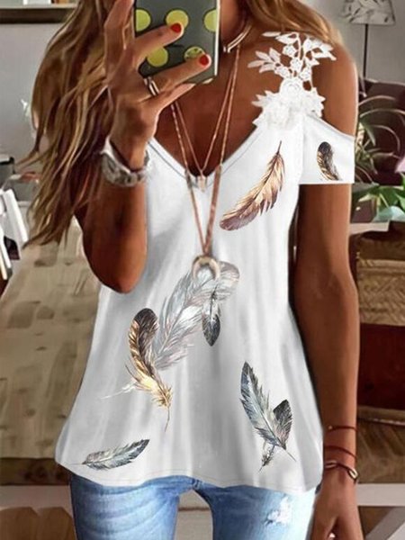 

Feather Lace Vacation Loosen Shirts & Tops Plus Size, White, T-Shirts