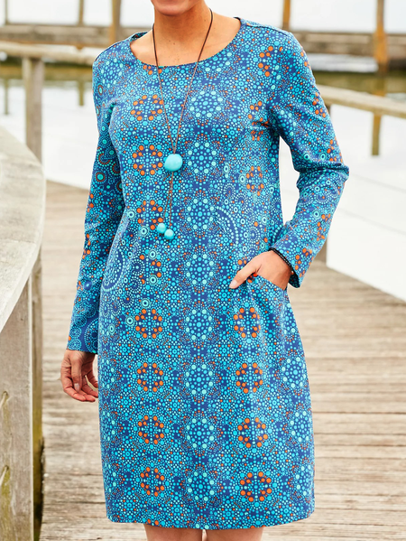 

Paisley Crew Neck Boho Long sleeve Woven Dress, Blue, Mini Dresses