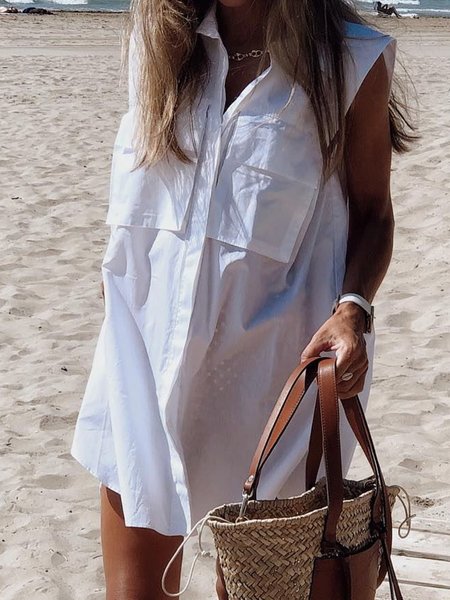 

Solid Shirt Collar Casual Dresses, White, Mini Dresses