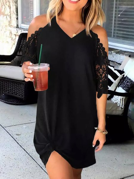 

Casual V Neck Lace Half Sleeves Solid Short Black Dresses, Mini Dresses