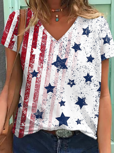 

Women's Geometric Painting T shirt Striped Geometric American Flag Print V Neck Basic Tops, Multicolor, Tees & T-shirts