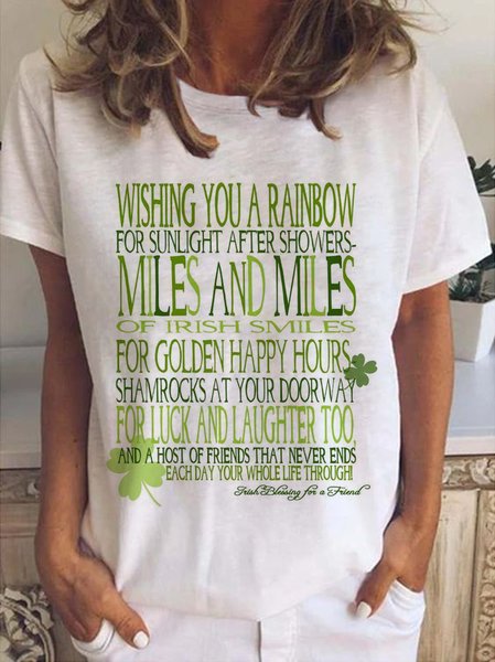 

St. Patrick's Day Crew Neck Casual Letter Shirts & Tops, White, T-Shirts