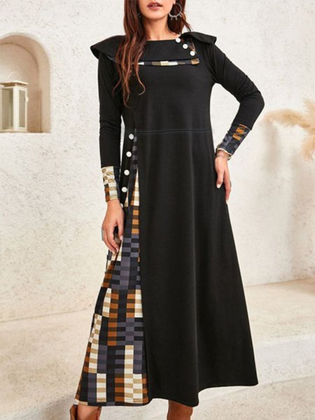 

Round neck geometric color block stitching loose A-line dress, Black, Casual Dresses