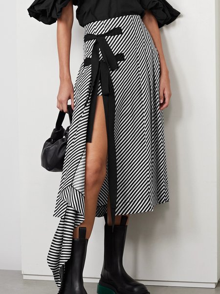 

Striped Regular fit Elegant Daily Skirt, Black, Midi Skirts