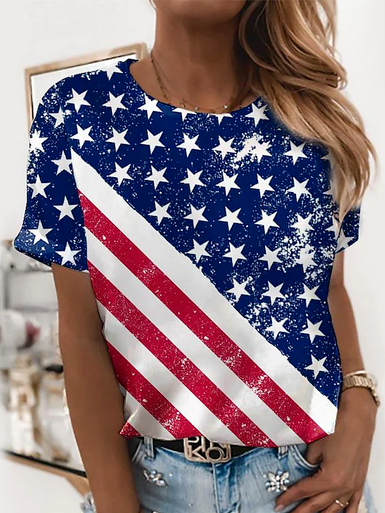 

Women's Painting T shirt Striped American Flag National Flag Print Round Neck Basic Tops Blue, Red-blue, T-Shirts