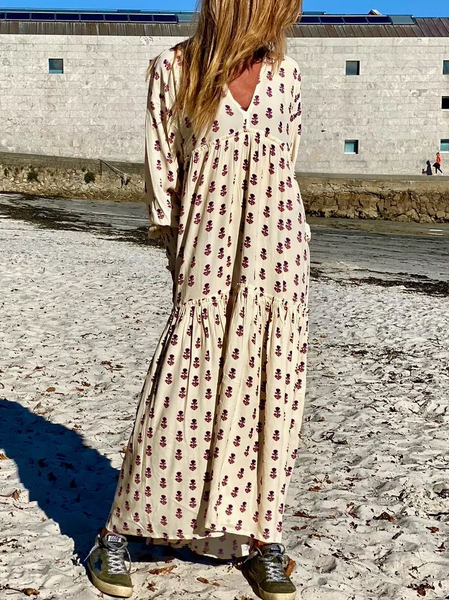 

V Neck Paisley Loosen Dresses, White, Maxi Dresses