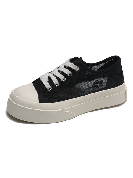 Women's Floral Lace Platform Lace-Up Shoes, Black, Flats