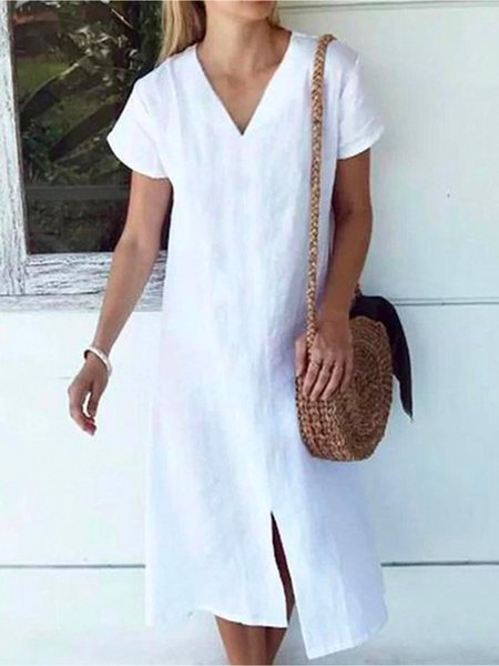 

Solid Casual Loosen Dresses, White, Midi Dresses