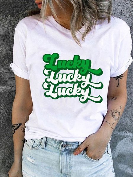 

St. Patrick's Day Casual Letter Short Sleeve T-shirt, White, T-Shirts