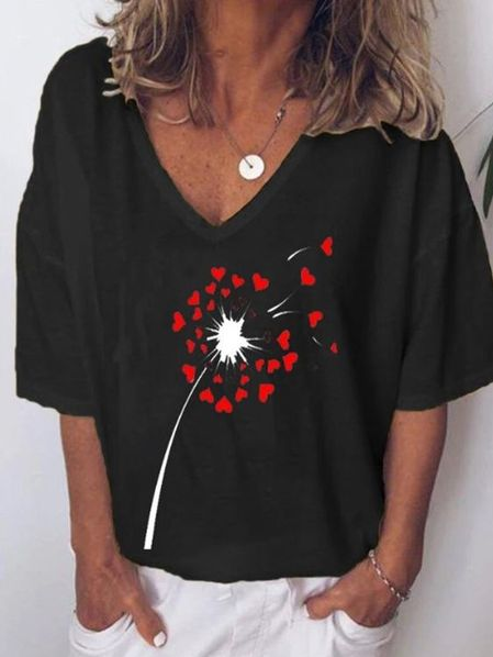 

Floral Cotton Blends Casual Loosen Shirts & Tops, Black, T-Shirts