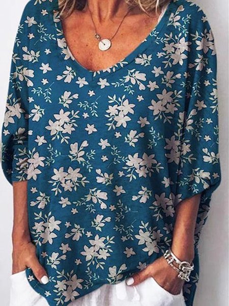 

Floral Casual V Neck Long Sleeve Loosen Shirts & Tops, Blue, T-Shirts
