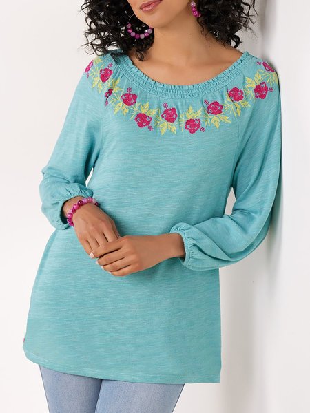 

Loosen Floral Long Sleeves Cotton Blends Printed T-shirt Long Sleeve T-shirt, Aqua blue, T-Shirts