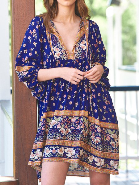 

Loosen Floral V Neck Long sleeve Woven Dress, Blue, Mini Dresses