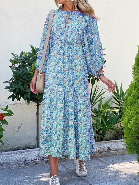 

Romantic Floral Long Sleeves Maxi Boho Long sleeve Woven Dress, Blue, Maxi Dresses