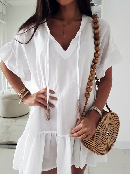 

Plus size Casual Cotton Plain Short sleeve Woven Dress, White, Mini Dresses