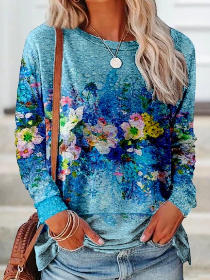 

Floral Long Sleeves Crew Neck Plus Size Casual Tops, Multicolor, T-Shirts