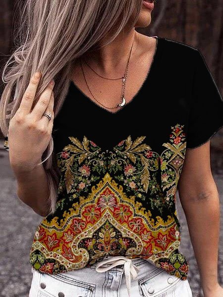 

JFN V Neck Tribal Casual T-Shirt/Tee, Black, T-Shirts