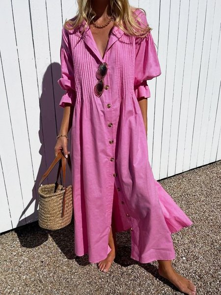 

Plus Size Casual Loosen Lapel Solid Three Quarter Dresses, Rose red, Maxi Dresses