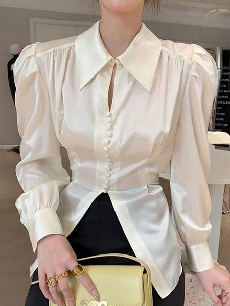 

Simple Shirt Collar Long sleeve Shirt & Top, Apricot, Blouses and Shirts