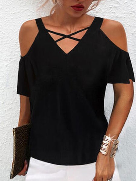 Elegant Solid Loosen Casual Shirts & Tops, Black, T-Shirts