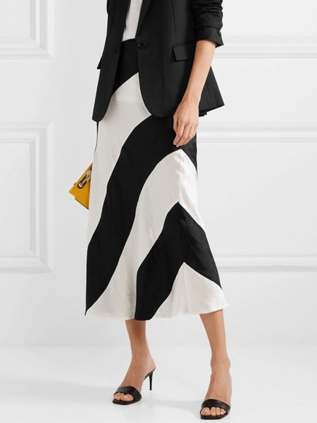

Simple Regular Fit Striped Midi Skirt, Black-white, Midi Skirts