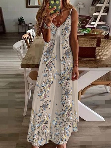 

Holiday date romantic beach vacation suspender flower a-pendulum dress long dress Plus Size, Apricot, Maxi Dresses