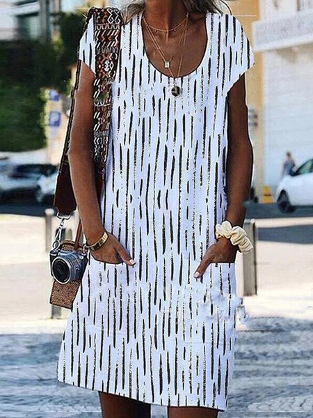 

Casual Crew Neck Striped Dresses, Black-white, Casual Dresses