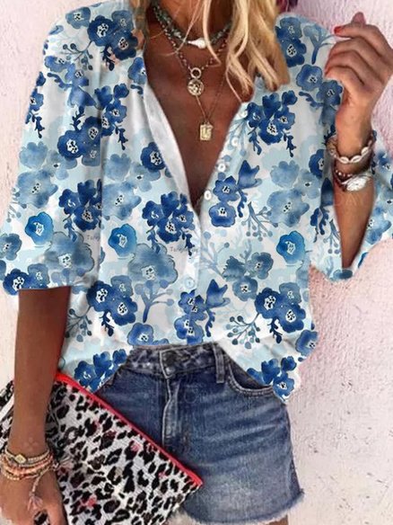 

Casual Floral Notched Shirts & Tops, Blue, Blouses & Shirts