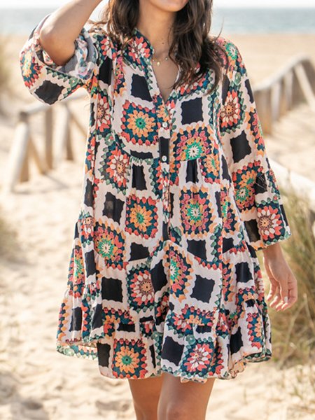 

V Neck Buttoned Casual Long sleeve Woven Dress, Black, Mini Dresses