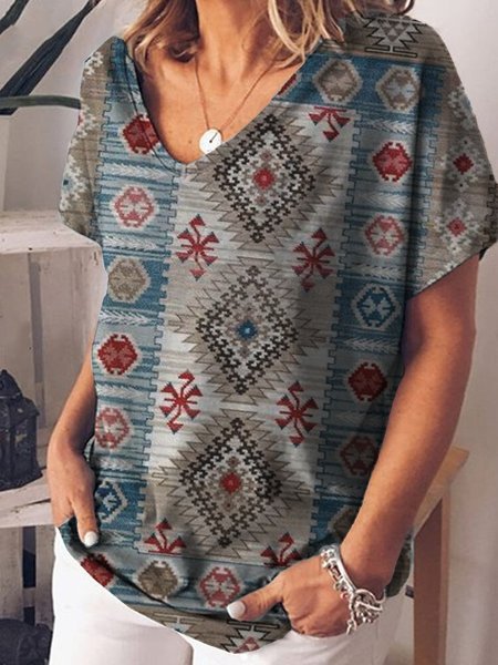 

V neck Cotton Blends West Styles/Cows Shirts & Tops, Multicolor, T-Shirts