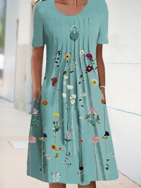 Floral Tunic Round Neckline Midi A line Dress