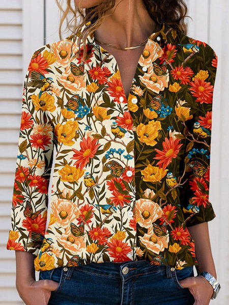 

Vacation Shirt Collar Floral Shirts & Tops, Multicolor, Long sleeve tops