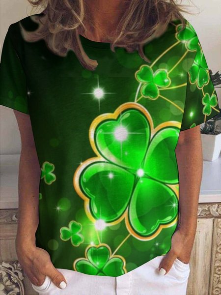 

St. Patrick's Day Four-Leaf Clover Floral Crew Neck Short sleeve tops, Green, T-shirts