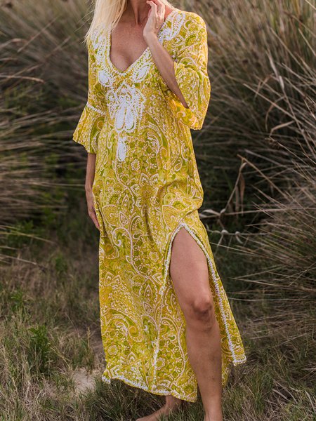 

Flare Sleeve Loosen Boho V Neck Dresses, Yellow, Maxi Dresses