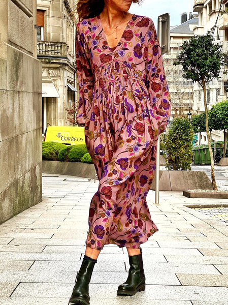 

V Neck Loosen Floral Dresses, Rose red, Maxi Dresses