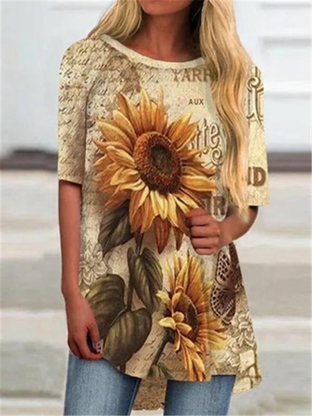 

Sunflower Letter Printed Short Sleeve T-Shirts, Yellow, T-Shirts
