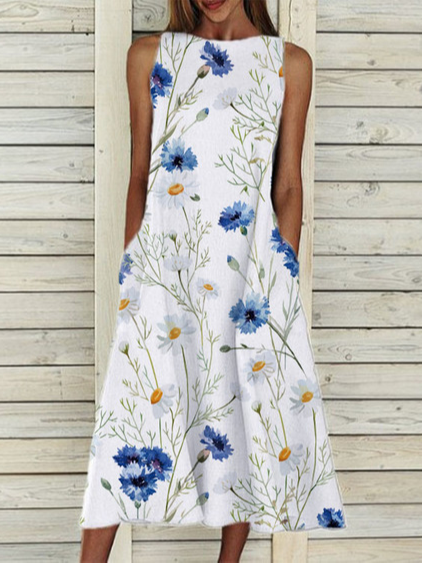 

Floral Casual Regular Fit Cotton Blends Crew Neck Maxi Dresses, White, Dresses