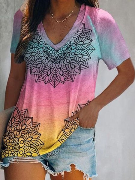 Tie Dye Floral V Neck Casual Loosen Shirts & Tops, Multicolor, T-Shirts