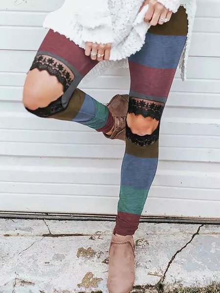 

Lace Skinny Cotton Blends Striped Skinny Leggings Pants, Multicolor, Leggings