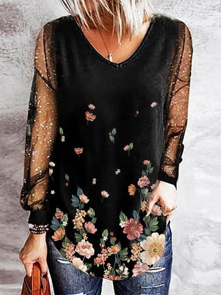 

Casual Mesh Floral Printed V Neck Loosen Shirts & Tops, Black, T-Shirts