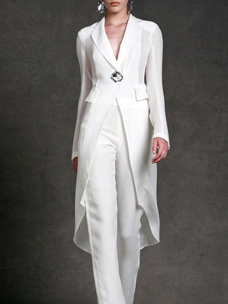 Simple Flat Collar Long Sleeve Regular Fit Long Trench coat, White, Coats