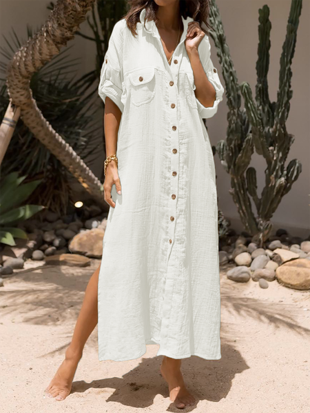 

Plus size Casual Shirt Collar Dresses, White, Maxi Dresses