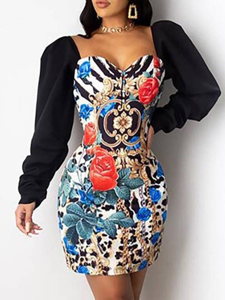 

Sexy Skinny Heart-Shaped Collar Puff Sleeve Mini Dress, Black, Mini Dresses