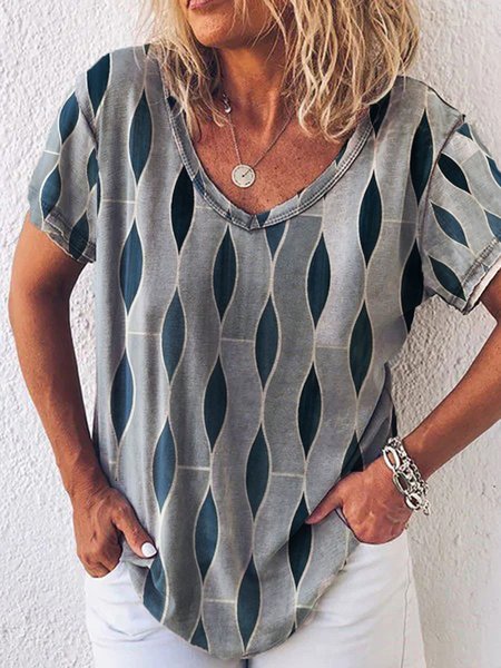 

Geometric V Neck Casual Loosen Short Sleeve T-shirt, Blue, T-Shirts