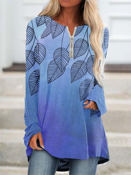 

Blue Leaves Print Raglan Sleeve Zipper Round Neck Casual Sweatshirt, Sweatshirts & Hoodies
