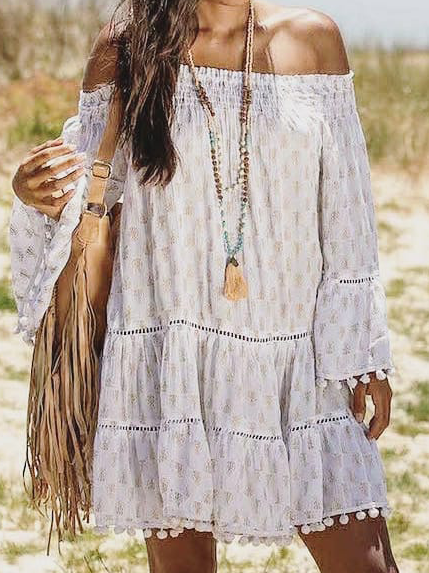 

Boat Neck Boho Loosen Long sleeve Woven Dress, White, Midi Dresses
